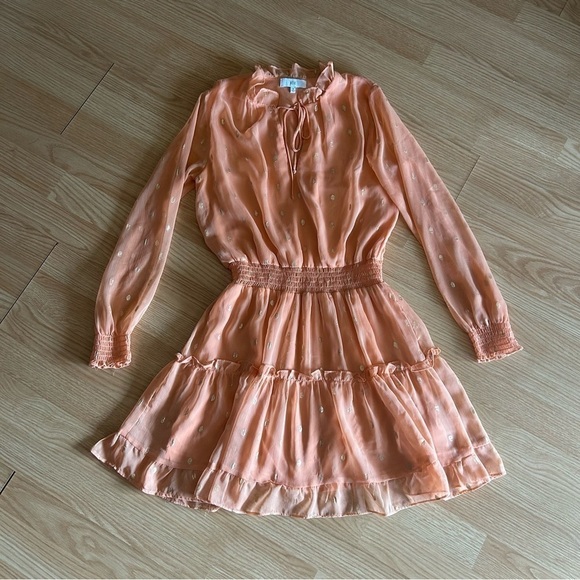 NSR Blush Peach Gold Ruffle Smocked Dress Small - Picture 1 of 11